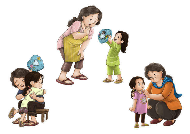The character sheet works out Lexi's and Grandma's proportions and expression range together, keeping their bond visually consistent across every quiet, tender moment they share.