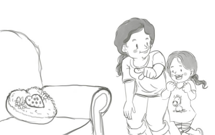 Rough sketch for the spread where Grandma shows Lexi the tooth fairy pillow, establishing the composition, submitted to the author for approval before line work begins.