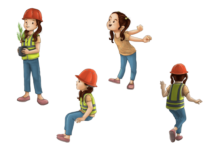 The character sheet works out Lucy's proportions and expression range, keeping her curious, wide-eyed energy consistent as she moves through an operation full of machinery twice her size.