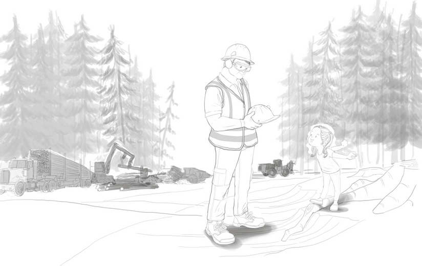 Rough sketch for the spread where Mr. Logger fits Lucy with a safety vest and helmet, establishing the composition, submitted to the author for approval before line work begins.