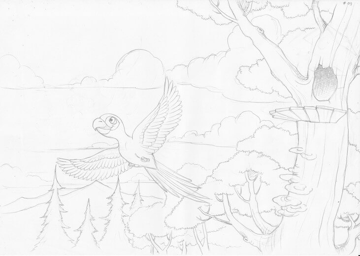 Rough sketch for the spread of Marty flying off his nest at night, establishing the composition, submitted to the author for approval before line work begins.
