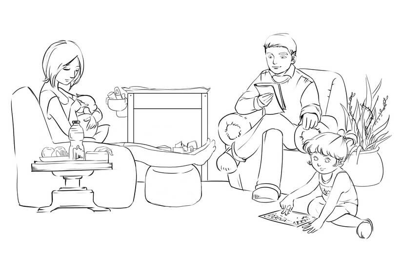 Rough sketch for the family living room spread, establishing the mother breastfeeding while Lizzie and her father are occupied with their own activities, submitted to the author for approval before line work begins.