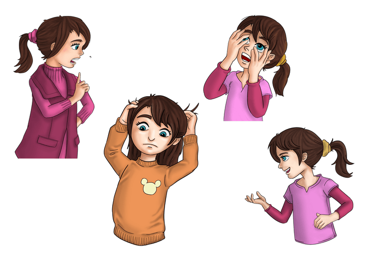 The character sheet establishes the girl's proportions and expression range so she stays consistent across the story.