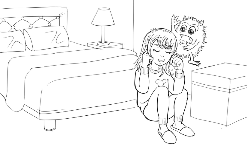 Rough sketch for the spread showing the monster at its most overwhelming, establishing composition and the scale relationship between the girl and the creature, submitted to the author for approval before line work begins.