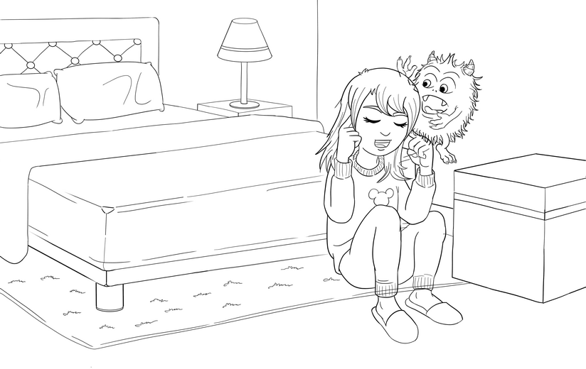 Clean line art incorporating the author's feedback on the monster's expression and the girl's body language, submitted for a second approval before color begins.
