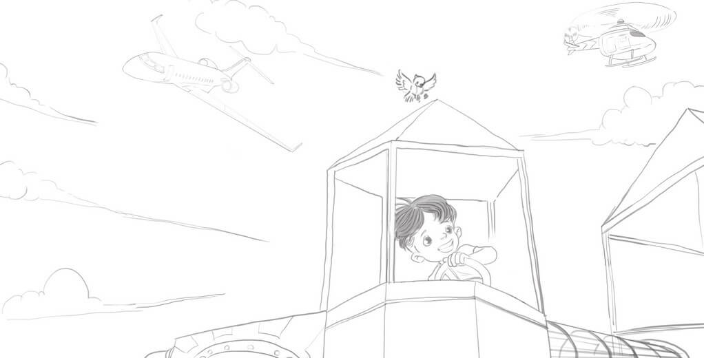 Rough sketch for the playground steering wheel spread, establishing Joe's pose and his sightline up to the sky, submitted to the author for approval before line work begins.