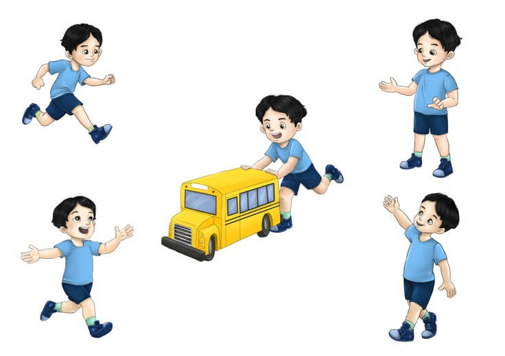The character sheet works out Joe's proportions and expression range at toddler scale, keeping him instantly recognizable across a book built for readers who are only just learning to follow a face from page to page.