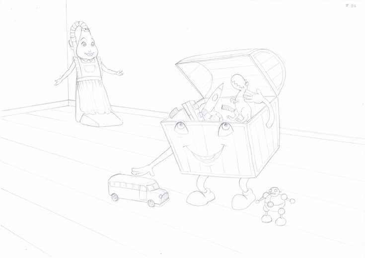 Rough sketch for the spread where the toy box gathers up scattered toys before bedtime, establishing the composition, submitted to the author for approval before line work begins.