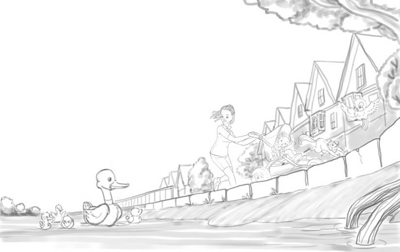 Rough sketch for the lakeside stroll spread, establishing Liesa and her mother among the ducks, submitted to the author for approval before line work begins.