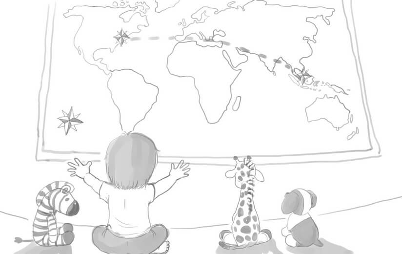 Rough sketch for the spread of Om studying a world map, imagining the distance to his grandmother's home in Malaysia, submitted to the author for approval before line work begins.