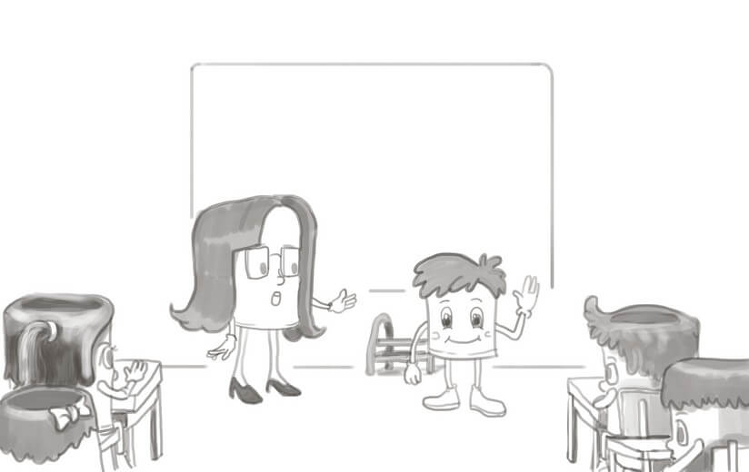 Rough sketch for the spread of the homeroom teacher introducing Gary Green to his classmates, establishing the composition, submitted to the author for approval before line work begins.