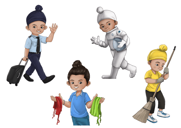 The character sheet works out Ricky's proportions and expression range alongside a study of his patka in different colours, establishing him as instantly recognizable no matter which shade the page calls for.