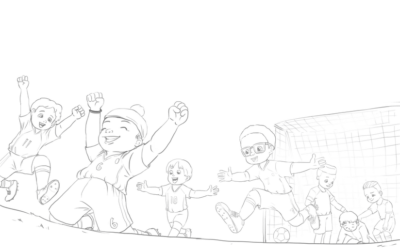 Clean line art for the soccer goal celebration spread, incorporating the author's feedback on the moment's energy, submitted for a approval before color begins.