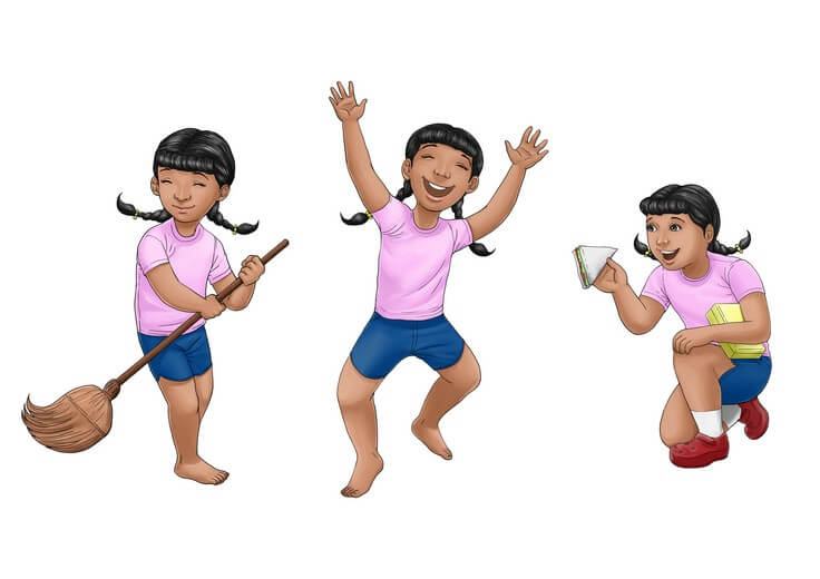The character sheet works out Penelope's proportions and expression range, keeping her open, hopeful energy readable even as the story asks her to face real unfairness.
