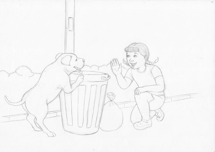 Rough sketch for the spread where Penelope first meets Chloe, establishing the moment of connection between them, submitted to the author for approval before line work begins.