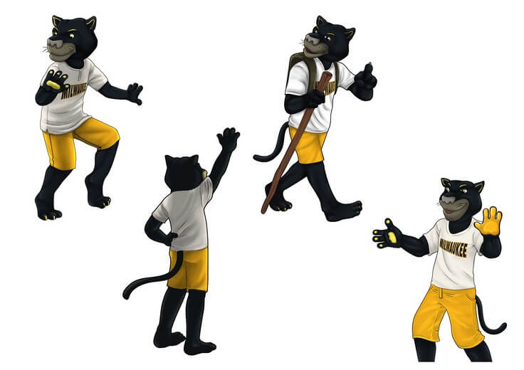 The character sheet works out Pounce's proportions and expression range, keeping the mascot's warmth and school spirit consistent from sunrise strolls to cafeteria lunches.