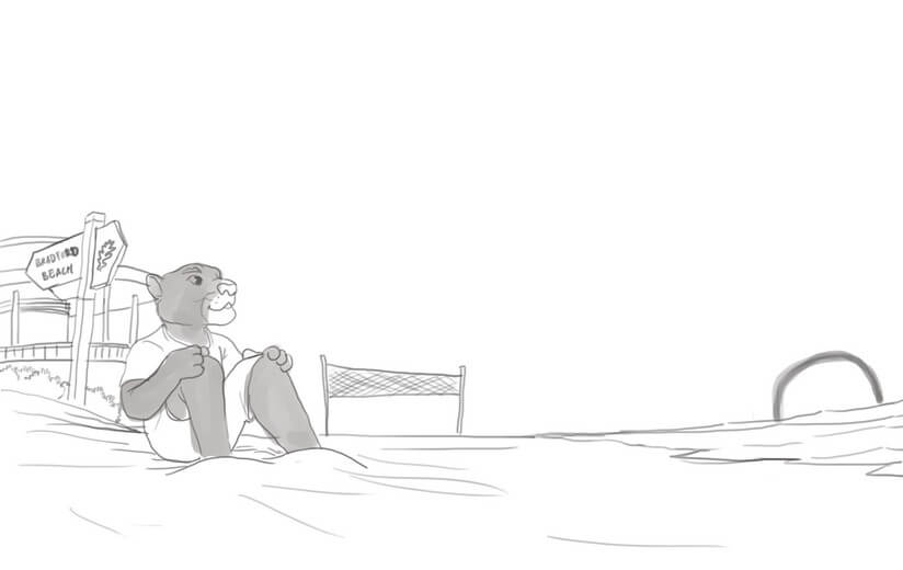 Rough sketch for the spread of Pounce sitting on the beach watching the sunrise, establishing the composition, submitted to the author for approval before line work begins.
