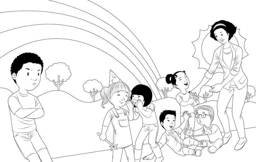 Clean line art for the spread of Rex suddenly feeling emotional shift for no apparent reason, submitted for a second approval before color begins.