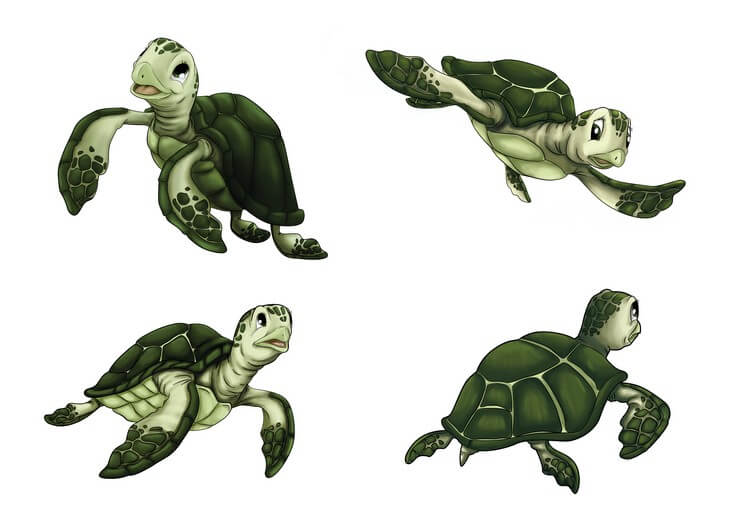 The character sheet works out Shelly's proportions and expression range, keeping her warmth and resilience consistent from playful ocean swims to moments of real danger.