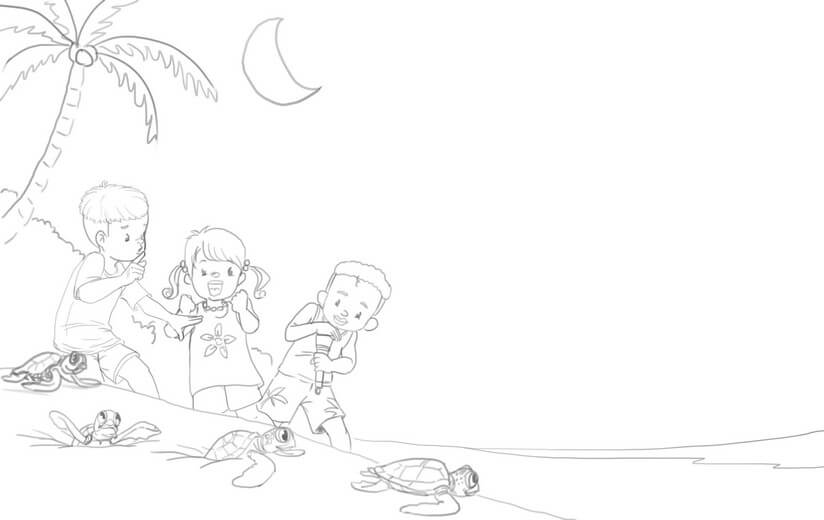 Rough sketch for the spread of children watching turtle hatchlings make their way to the sea at night, establishing the composition, submitted to the author for approval before line work begins.