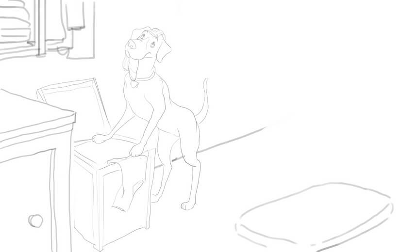 Rough sketch of Lucy digging through the laundry basket to find her favorite socks, submitted to the author for approval before line work begins.