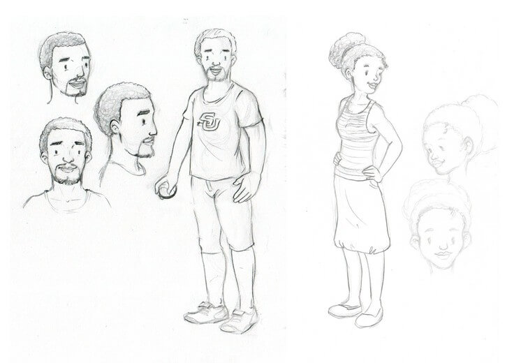 The character sheet works out Mom and Dad's proportions and expression range together, keeping the family's warmth and game-day pride consistent across every tradition-filled spread.