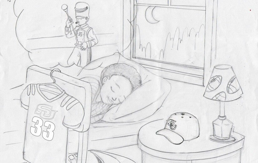 Rough sketch for the spread of the boy imagining himself as drum major for his football team's band, establishing the composition, submitted to the author for approval before line work begins.