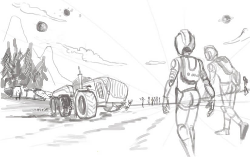 Rough sketch for the spread of Rex the tractor's first landing on the alien planet, establishing the composition, submitted to the author for approval before line work begins.