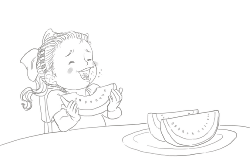Rough sketch for the spread where Eva eats watermelon for the first time, establishing her expression at the moment of discovery, submitted to the author for approval before line work begins.