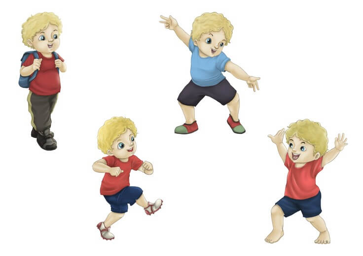 The character sheet works out Yura's proportions and expression range across every age he appears at in the story, from young boy to adult, so he stays recognizable through the full span of his dance journey.