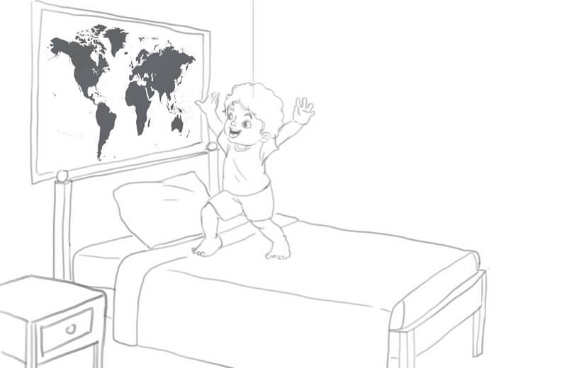 Rough sketch for the spread where Yura looks at a world map dreaming of dancing in every country, establishing the composition, submitted to the author for approval before line work begins.