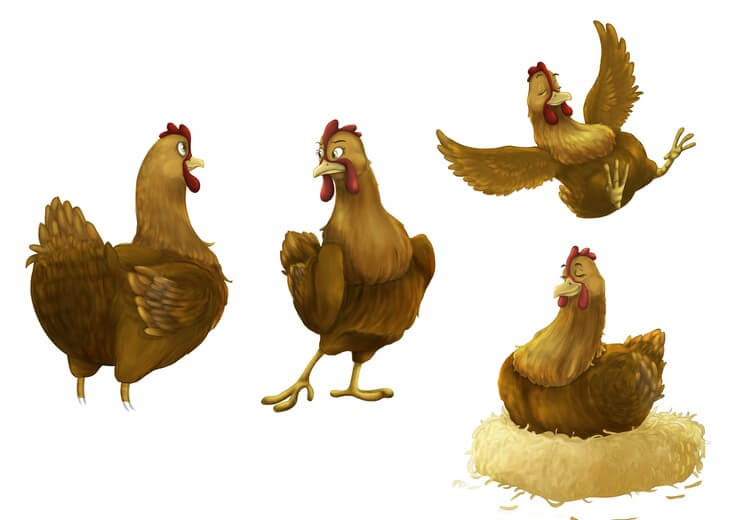 The character sheet works out Zen Hen's proportions and expression range, keeping her calm, centered presence readable even as the barnyard chaos escalates around her.