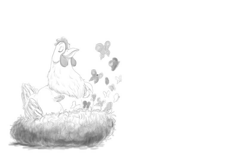 Clean sketch for the spread of Zen Hen meditating to reach her inner calm, establishing the composition, submitted to the author for approval before line work begins.